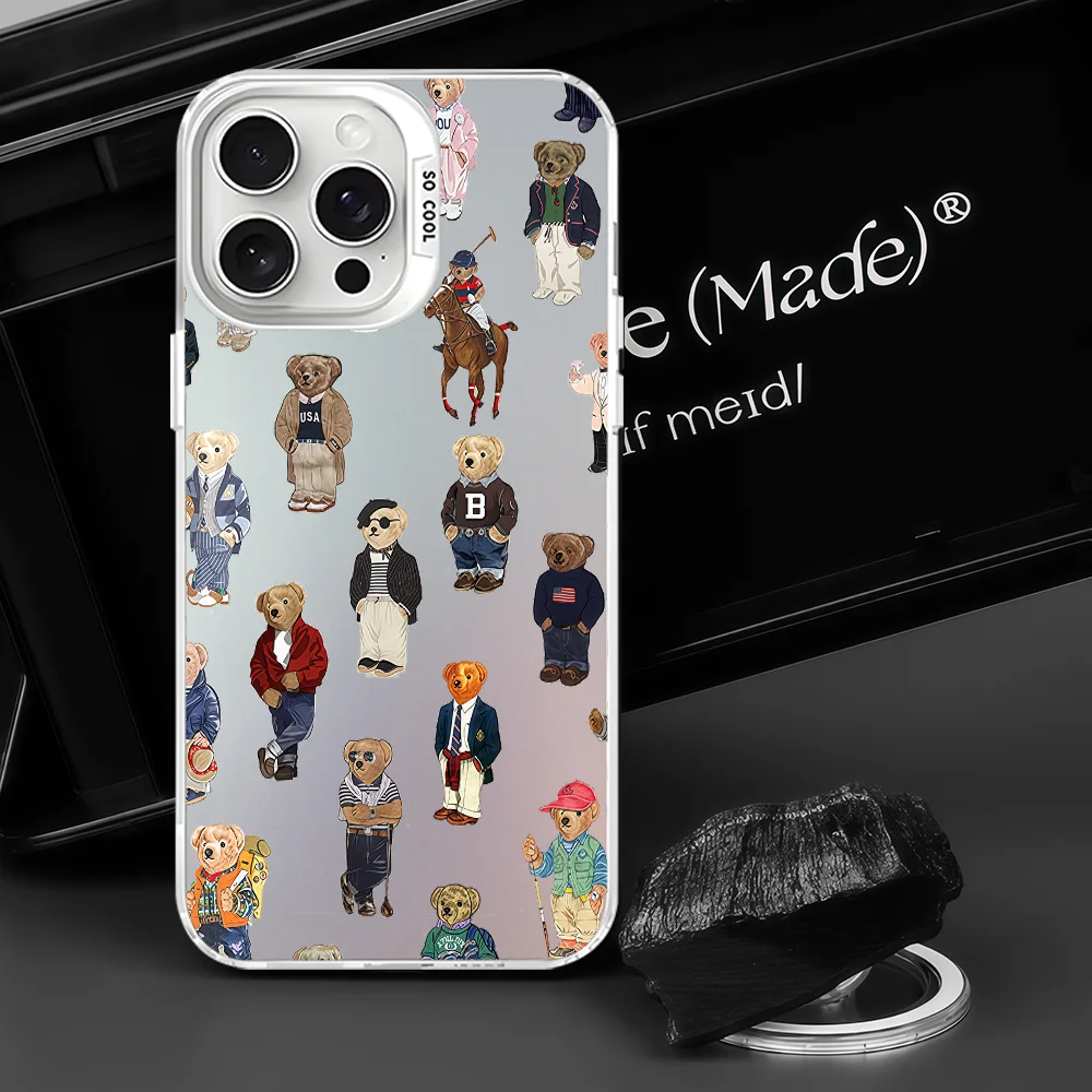 حافظة هاتف P-polo Bear لهاتف آيفون 16 15 14 13 12 11 Pro Max أبيض غير لامع ليزر معدني أورورا فوندا #6