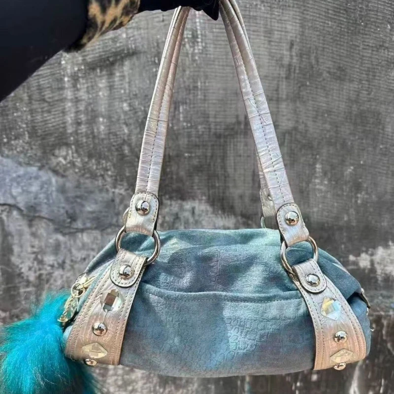 

Retro Y2K Patchwork Crocodile Tote Bag, Studded Diamond Embellished Shoulder Handbag, Casual Large-capacity Versatile Bag