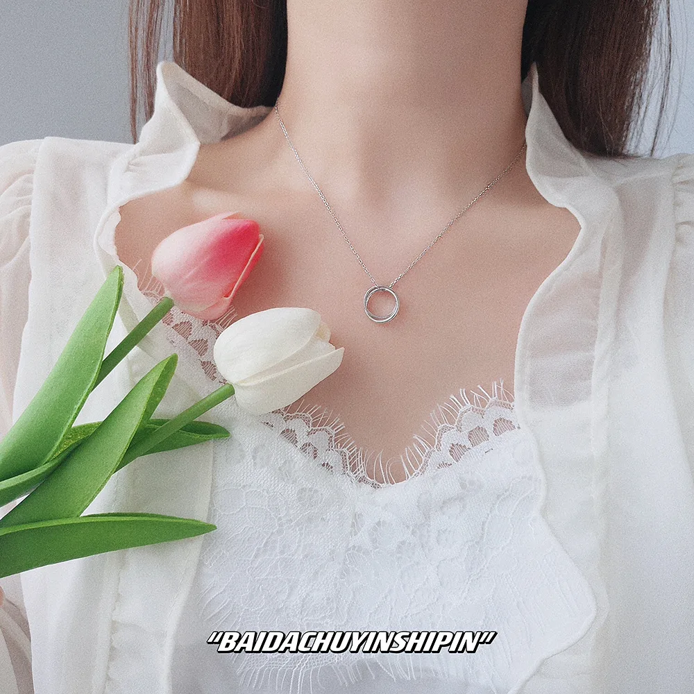 Simple and stylish S925 silver geometric double ring necklace, Korean personality lock bone chain for women