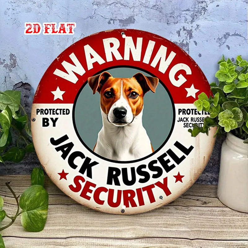 2D Flat - Round Aluminum Warning Sign, 2D Flat Design, Featuring a Jack Russell Dog. Perfect for Pet Lovers,
