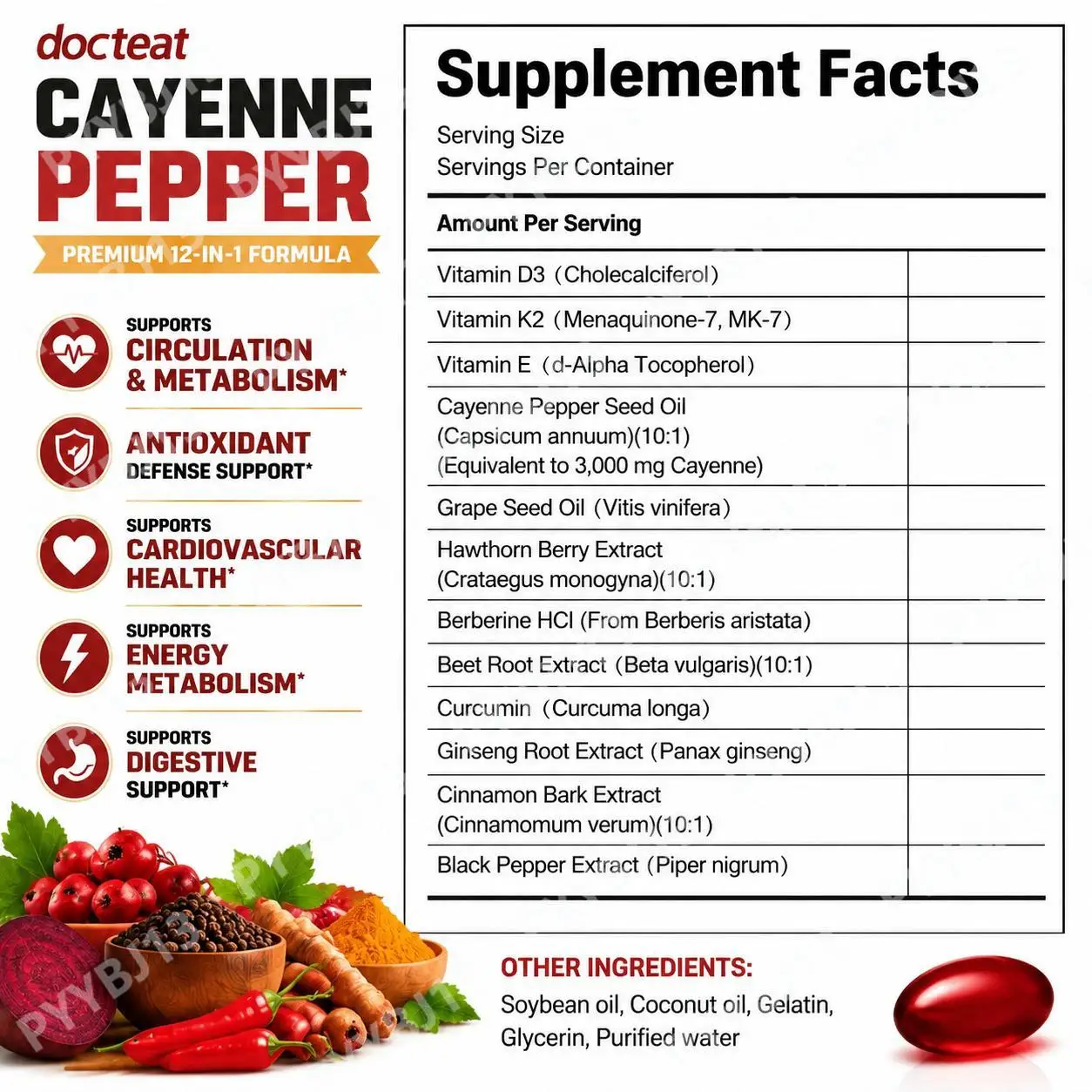 Docteat Cayenne Pepper Softgels with Vitamin D3 and K2, Energy Metabolism and Digestive Support Antioxidant Defense 180 Softgels