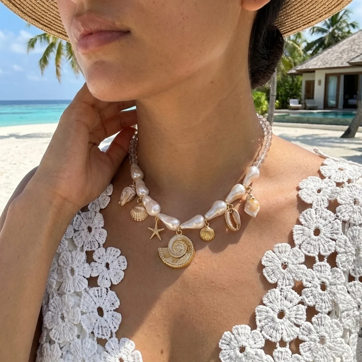 Acryl-Muschel-Seestern-Anhänger-Halskette für Damen und Herren, barocke Imitationsperlen, Kristall, gespleißte Perlen, Choker, Sommerschmuck – Detail 5
