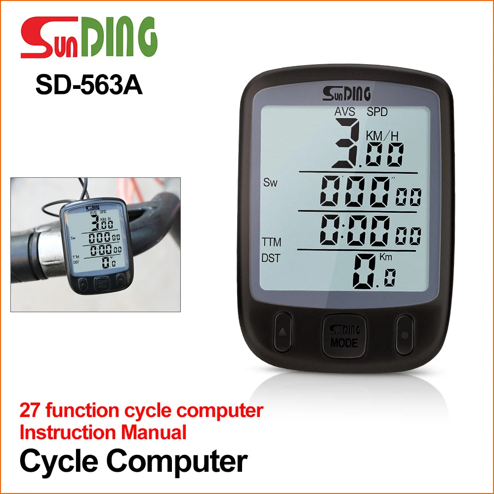 Suding Waterproof LCD Large Display Bicycle Computer Odometer Speedometer With Green Backlight Riding Accessories SD-563A