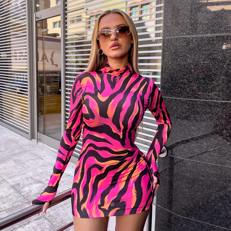 CUTENOVA Zebra Print Slim Fit Long Sleeve Mini Dress With Finger Glooves Half Collar Pullover Wrap Skinny Women Dress Streetwear