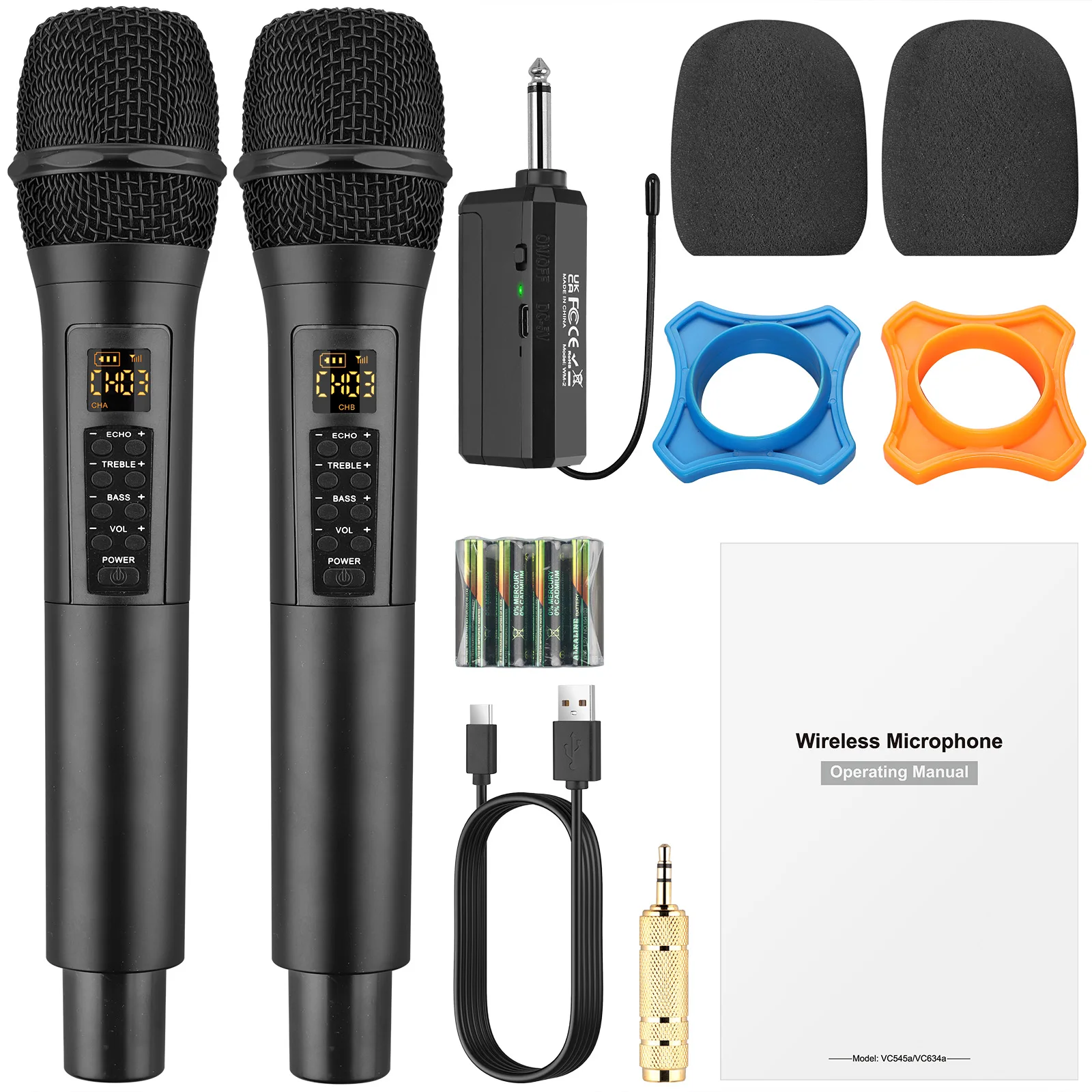 Micrófono inalámbrico UHF Receptor de mano con enchufe recargable dual para Karaoke