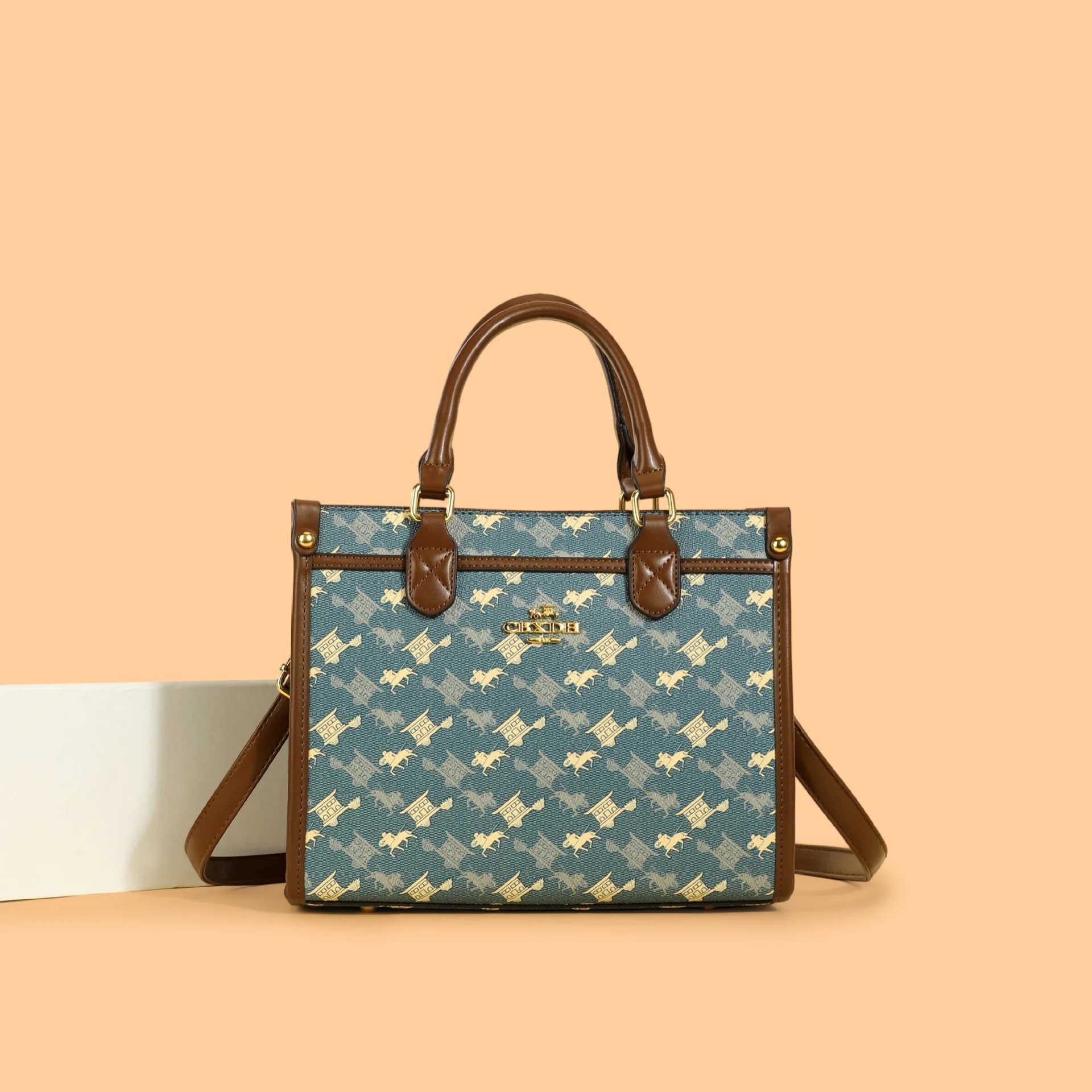 Retro Monogram Tote Handbag for Women, Elegant Top Handle Bag with Detachable Strap, Fashion Shoulder Crossbody Purse
