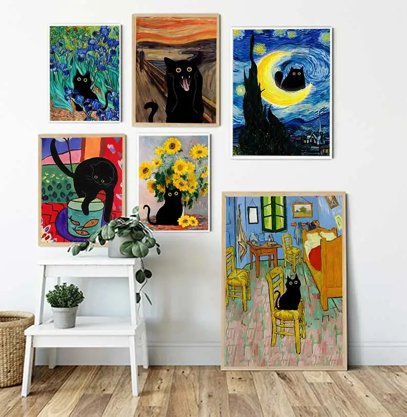 Vintage Scandinavian Classic Aesthetic Art Wall, Colorful Naughty Cat, Oil Painting, Poster Print, Home, Bedroom