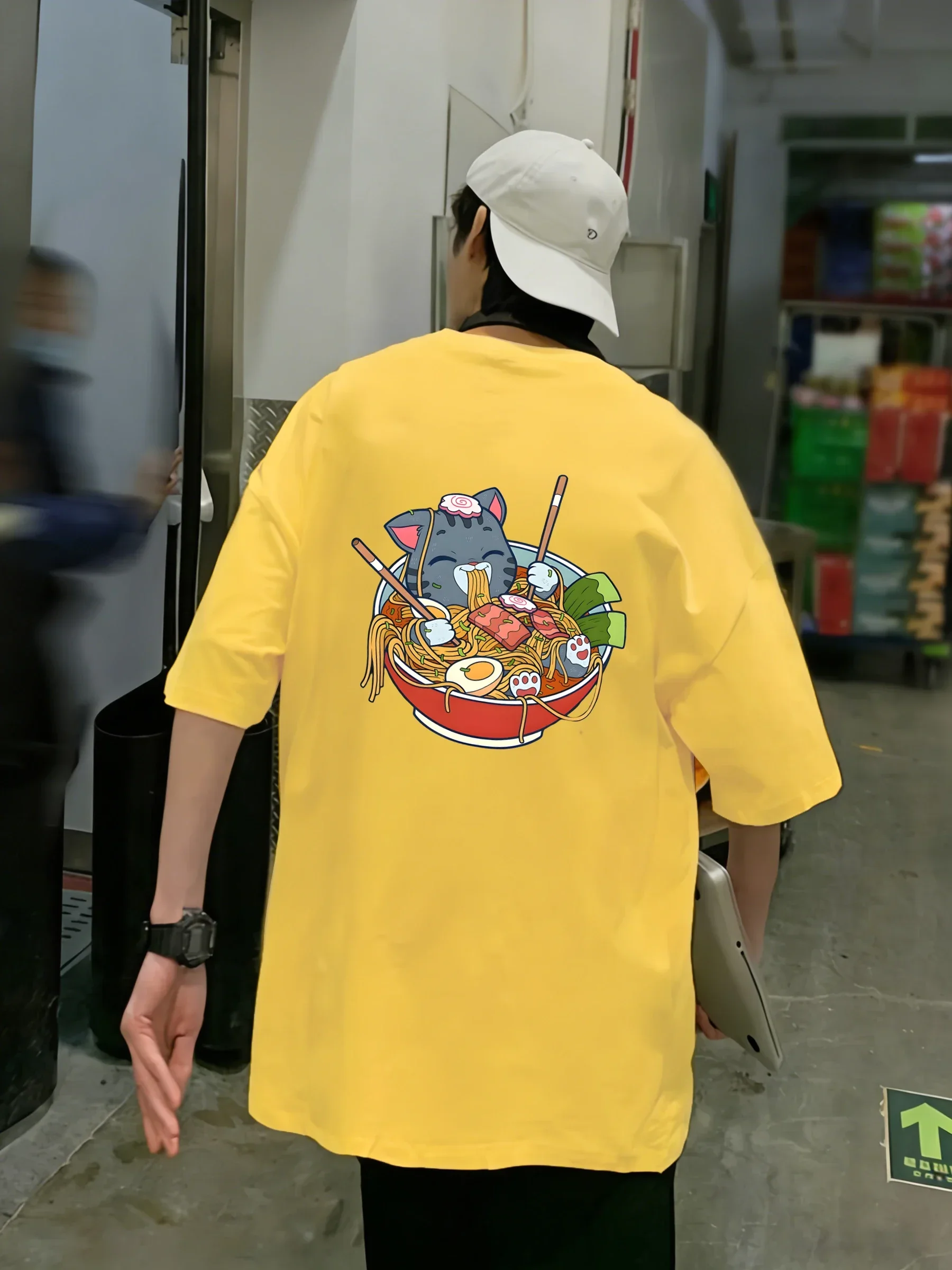 A Cat That Likes To Eat Noodles Print T-Shirts Men Colour O-Neck T Shirt Cotton Oversized Top Unisex All-Match Casual Streetwear