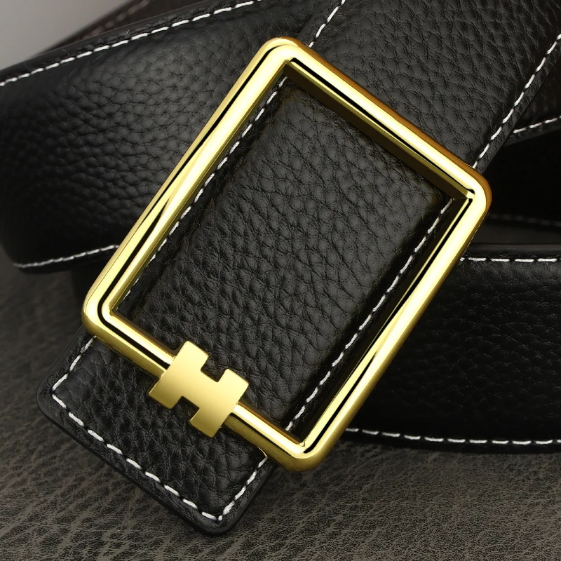 

High Quality Brown Designer Square Slide Belts Men Full Grain Leather Luxury Famous Brand Young Men Fashion Buckle Ceinture Homm