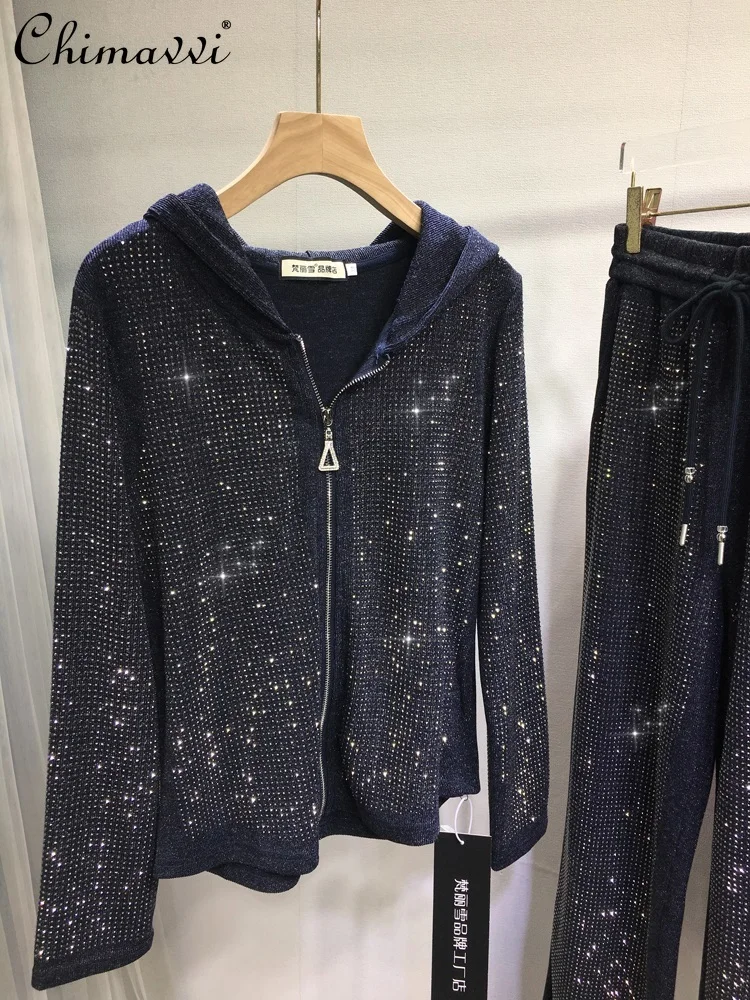 European Heavy Rhinestone Pants Set Autumn Ashion Full Rhinestone Zipper Long Sleeve Hooded Top Long Pants Women's Two-Piece Set