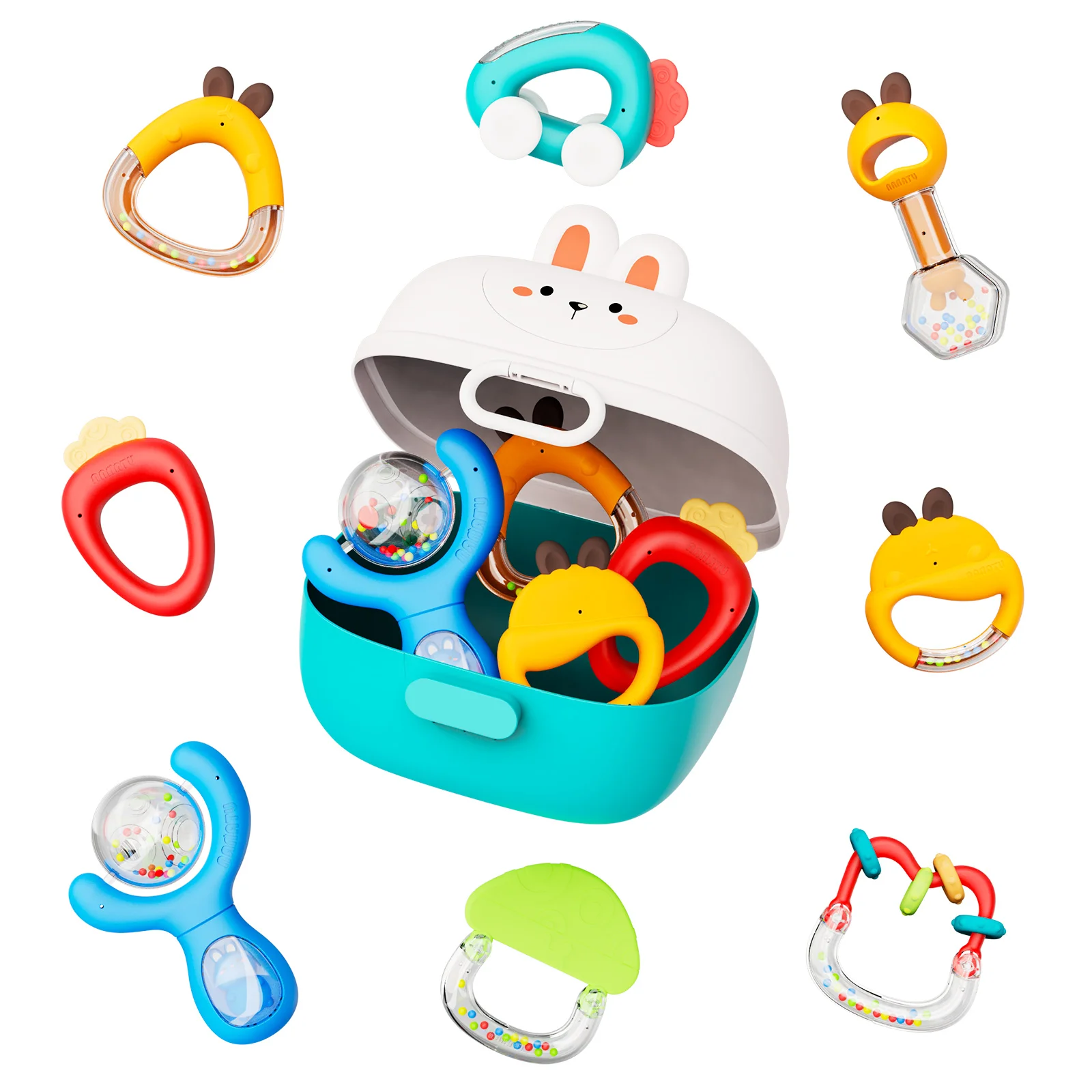 

Упаковка из 8 детских погремушек с коробкой для хранения, набор погремушек для младенцев от 0 месяцев, яркие цвета и забавные формы, прочный подарок для детского душа