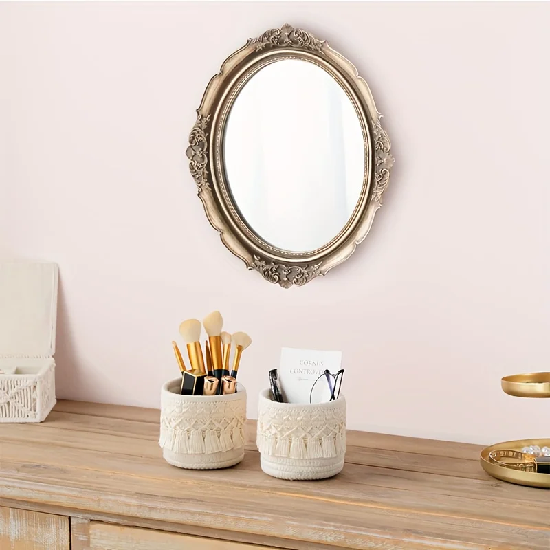 حامل فرشاة مكياج بوهو شيك مصنوع يدويًا، سلة تخزين مستحضرات التجميل المنسوجة ثنائية النغمة مع تفاصيل شرابة، خفيفة الوزن 2025 جديدة #3