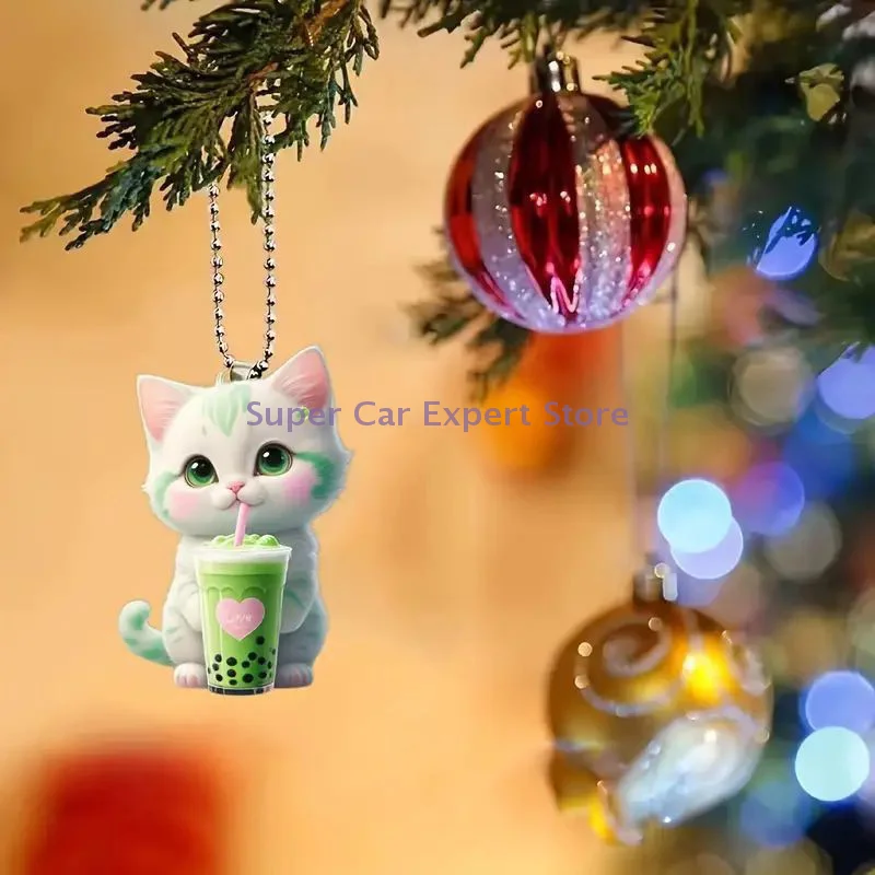 Milk Tea Car Hanging Pendant Rearview Mirror Decoration Cat-Shaped 2D Acrylic Hanging Ornament Car Interior Decor Handmade Craft