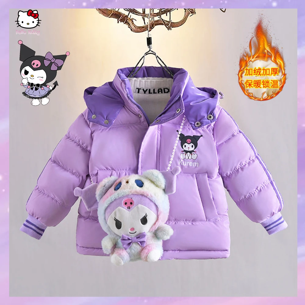 

Kawaii Sanrios Anime Kuromi Children Winter Jacket for Girls Korean Style Thicken Warm Princess Hooded Down Jackets Cute Outwear