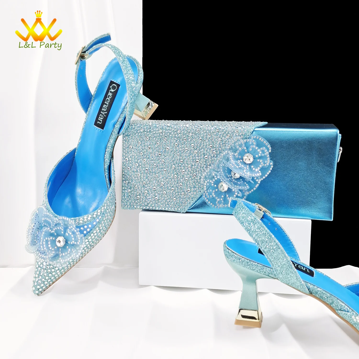 2026 Special Design Sky Blue Color New Design Shoes and Bag with Shinning Crystal for Party Women