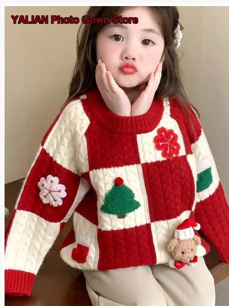 Girls Autumn Winter 2025 Western Style Kids Thickened Festive Sweater Baby Christmas Top