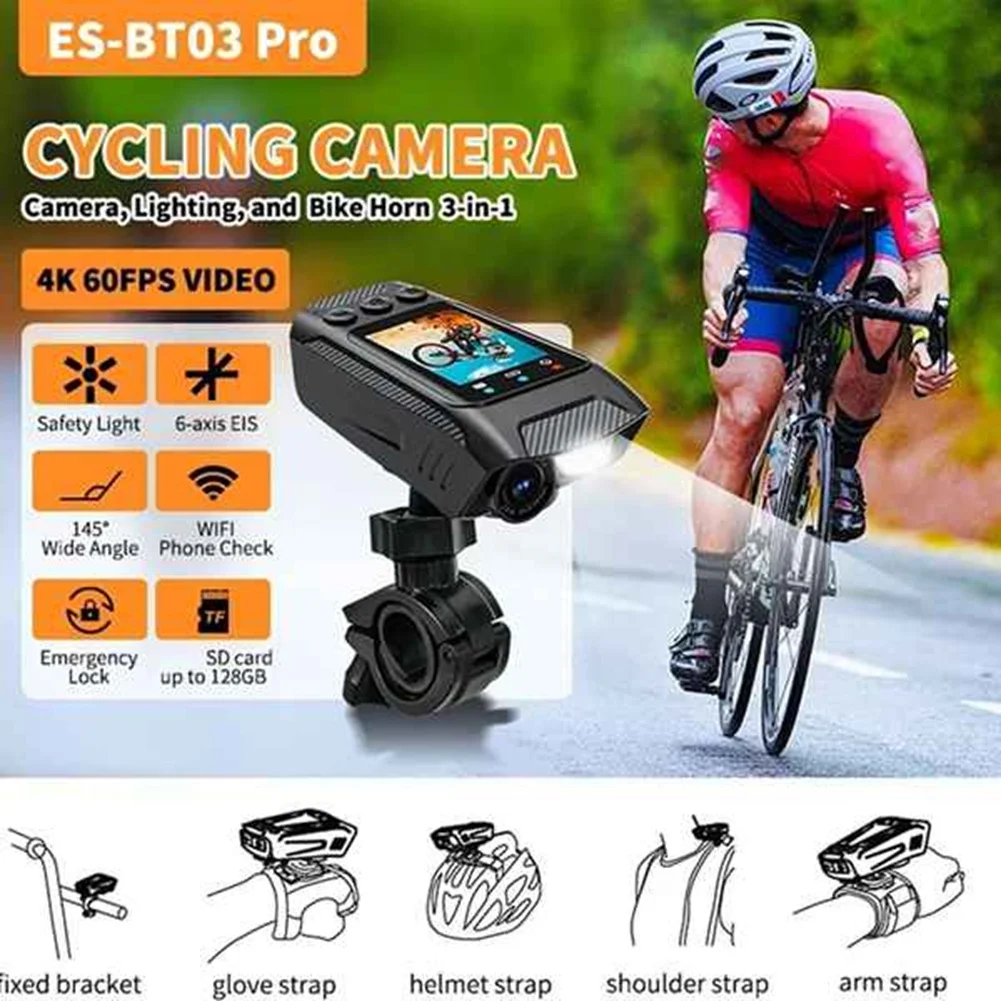 GO-4K 60FPS Multifunctional Cycling Camera Rainproof 2.0 Inch IPS Screen Wifi Connection With LED Flashlight Bike Horn
