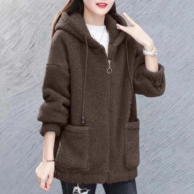 Middle Elderly Aged Mothers Clothing Lamb Cashmere Sweater Hooded Pockets Solid Streetwear Style Loose Keep Warm Coat Hoodies