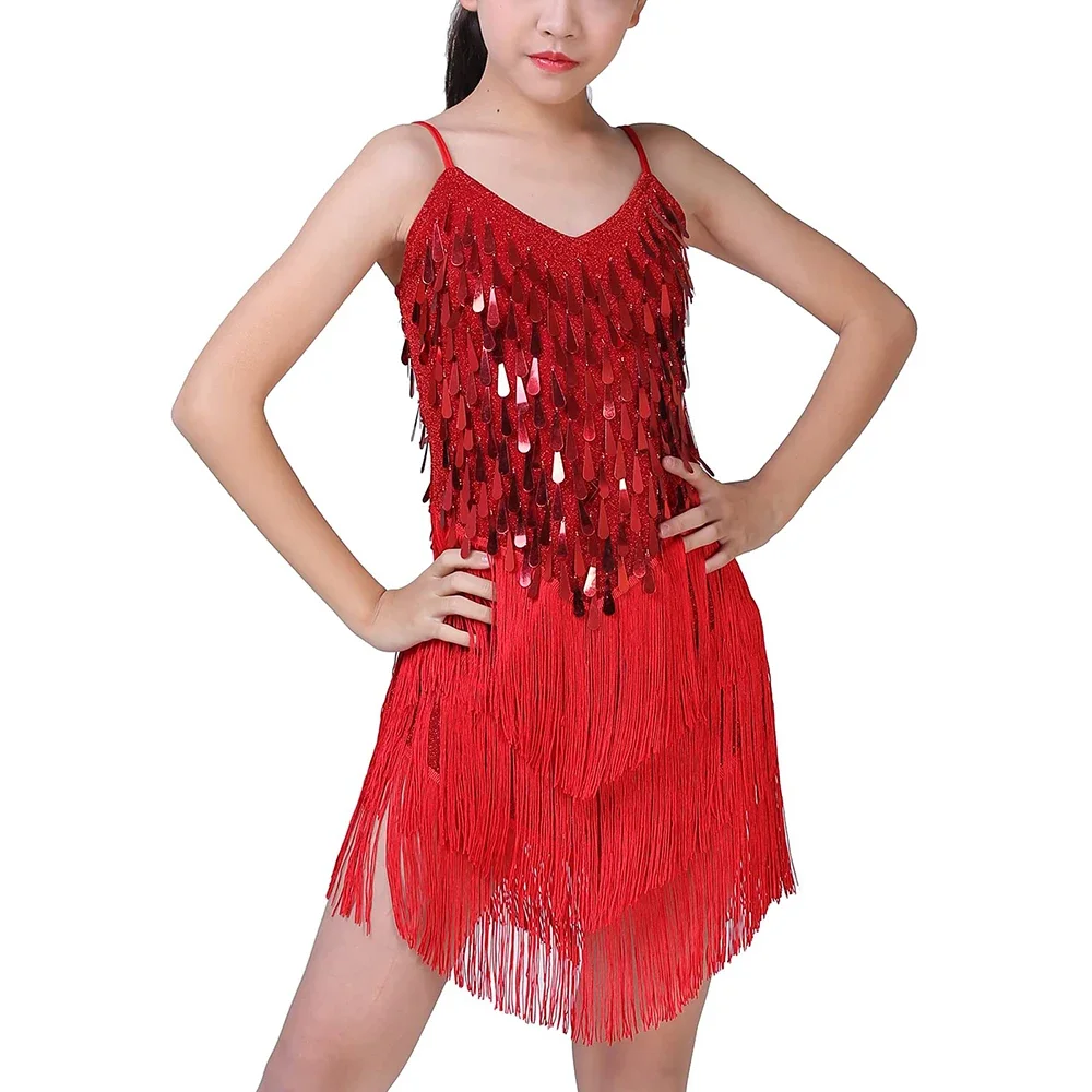 Vestido de dança latina para meninas crianças borla salsa dancewear lantejoulas franja vestido moderno salão de baile cha cha dançarino roupas desempenho