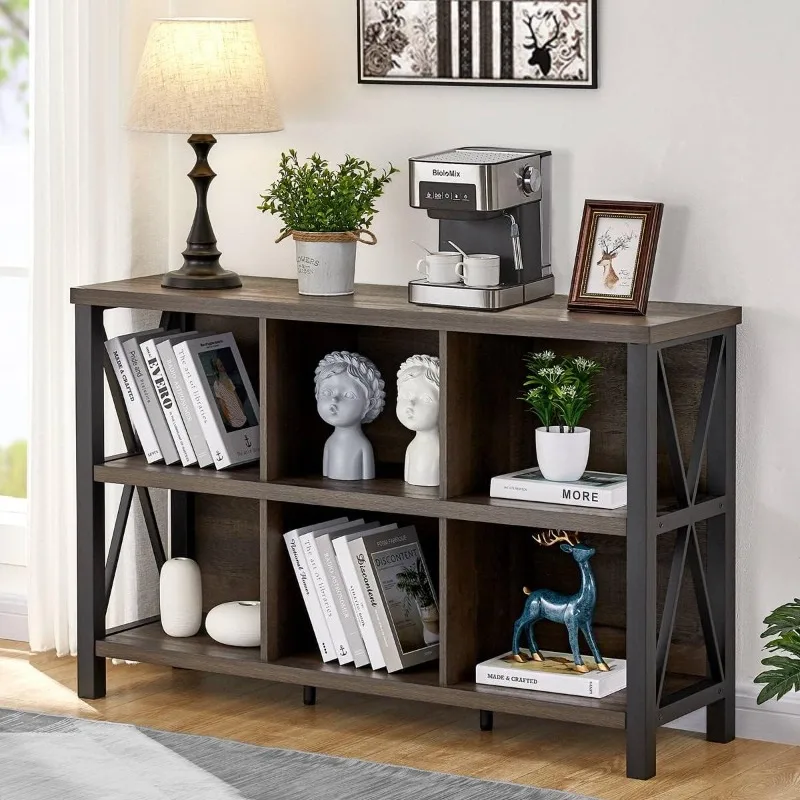 Rustic 6 Cube Storage Organizer with Shelf, Wood and Metal Cubby Bookcase, Industrial Horizontal Bookshelf