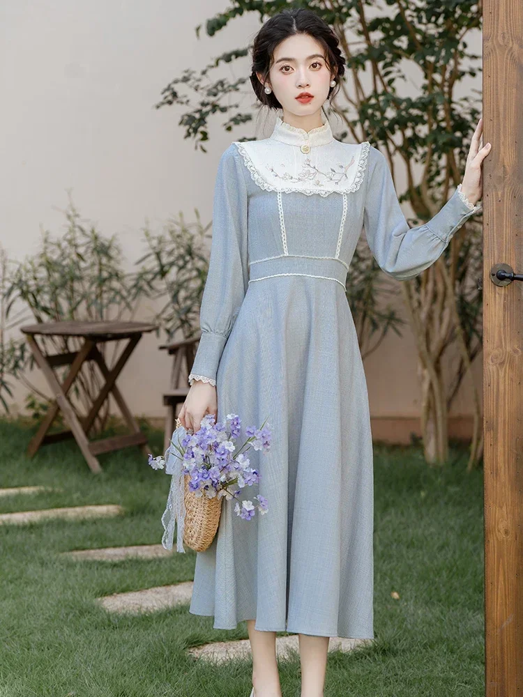 Vintage Cottagecore Woman Dress Retro French Style Embroidery Floral Lantern Sleeve Elegant Lady Midi Dresses Vestido Festa