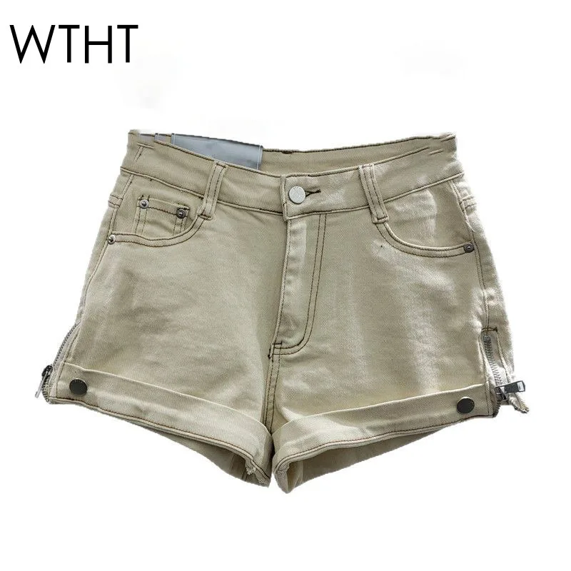 

WTHT Fashion Women's Side Zipper Design Dneim Shorts 2025 Spring Trendy High Waist A-line Short Pants Female 1LS9262