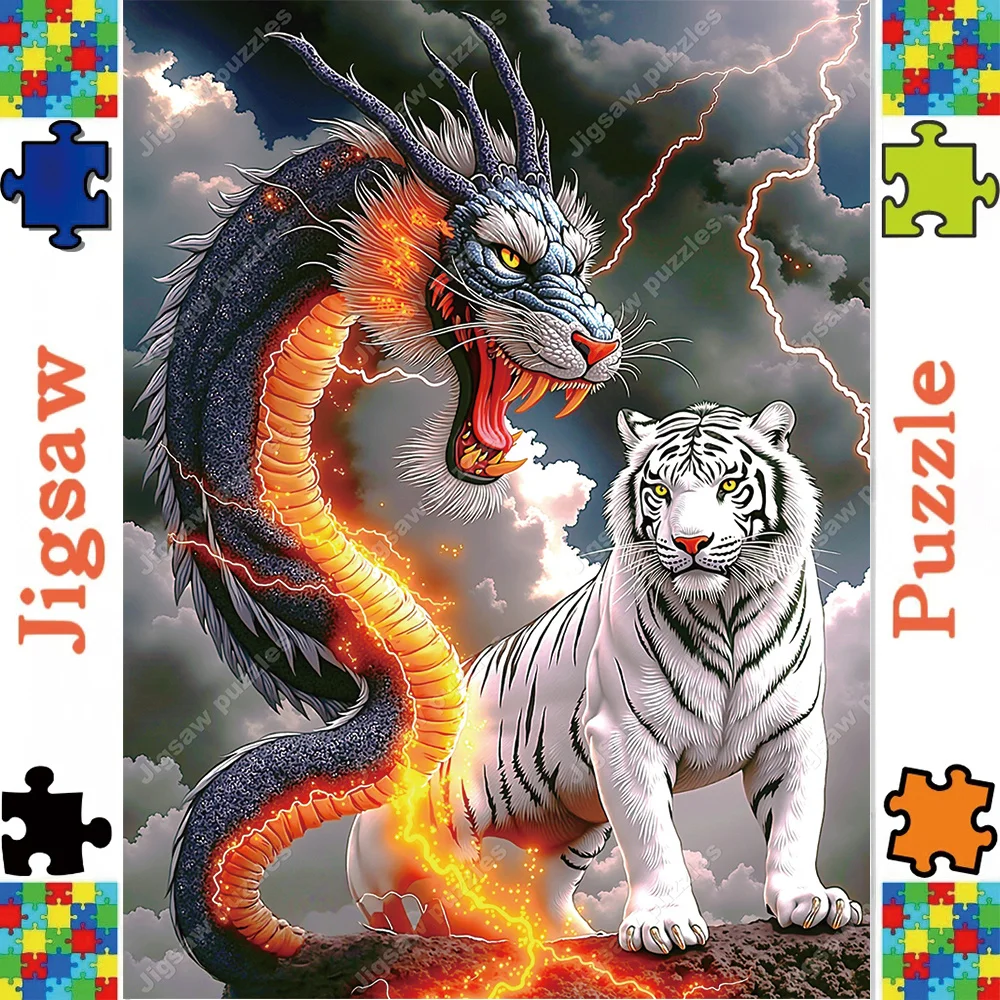 1000/2000/1314/520 قطعة أحجية الصور المقطوعة كبيرة جدًا للبالغين - معركة التنين والنمر الأبيض، الغيوم المظلمة المستوحاة من الآسيوية والضوء