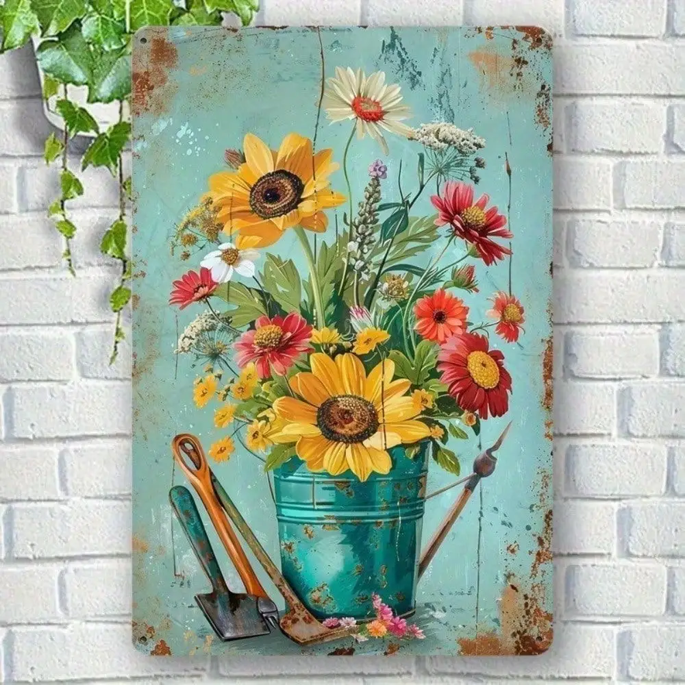 Vintage Floral Metal Wall Sign, Rustic Blue Mason Jar, Garden Tools, Colorful Flowers – Farm Kitchen Wall Decor