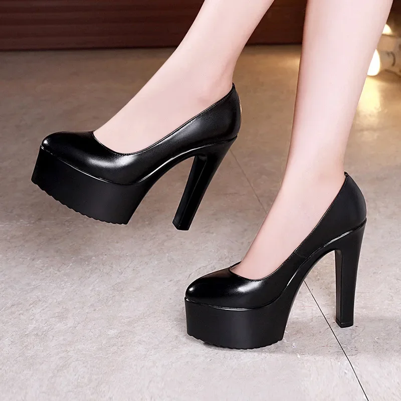 13cm Small Size 32-43 Elegant Shallow Block High Heels Shoes 202 Spring Platform Pumps Leather for Model Court Office Party