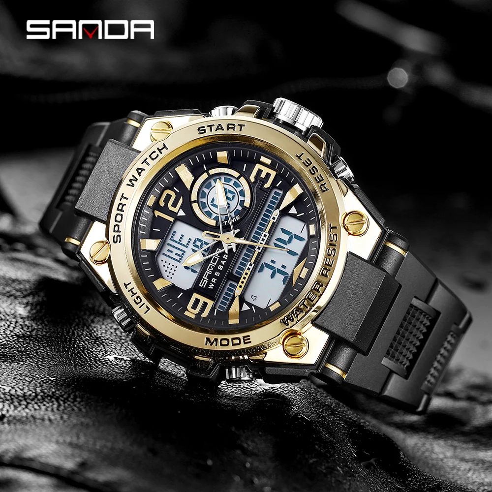 SANDA Men Sports Watch Military Watches LED Quartz Dual Display Waterproof Outdoor Sport Men\'s Wristwatches Relogio Masculino