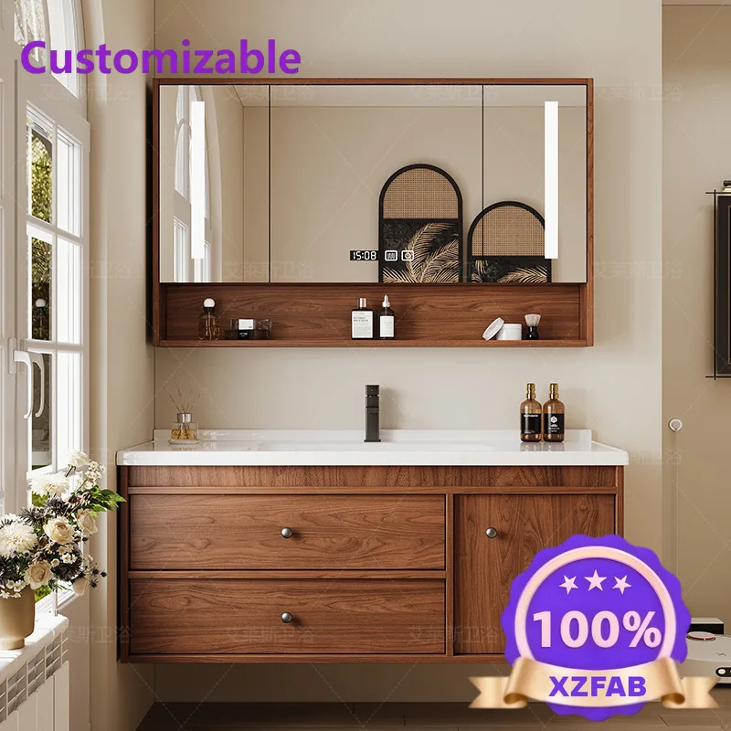 Factory Direct 2026 New medieval walnut ceramic integrated basin bathroom cabinet combination bathroom washstand hand washbasin