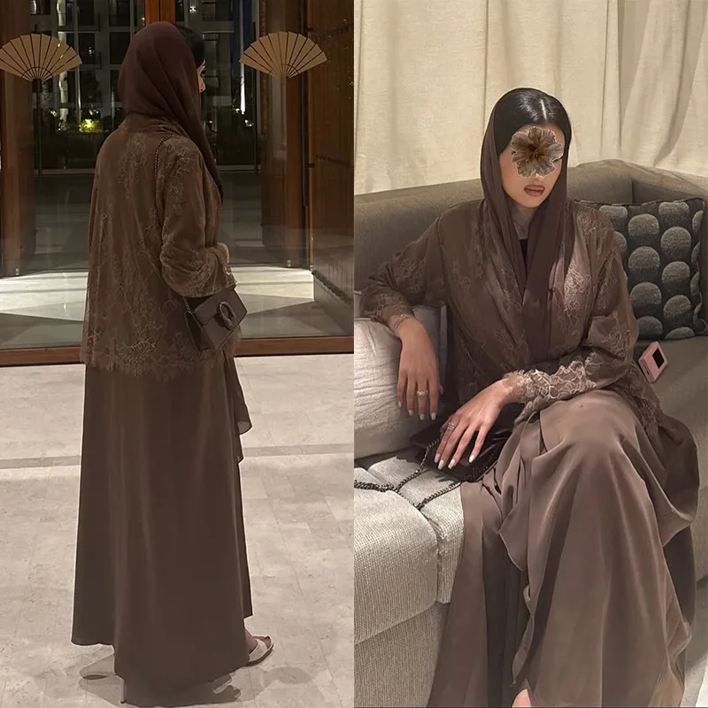 

Middle Eastern Cardigan Arab Dubai Fashion Abaya Lace Fabric Patchwork Long Robe