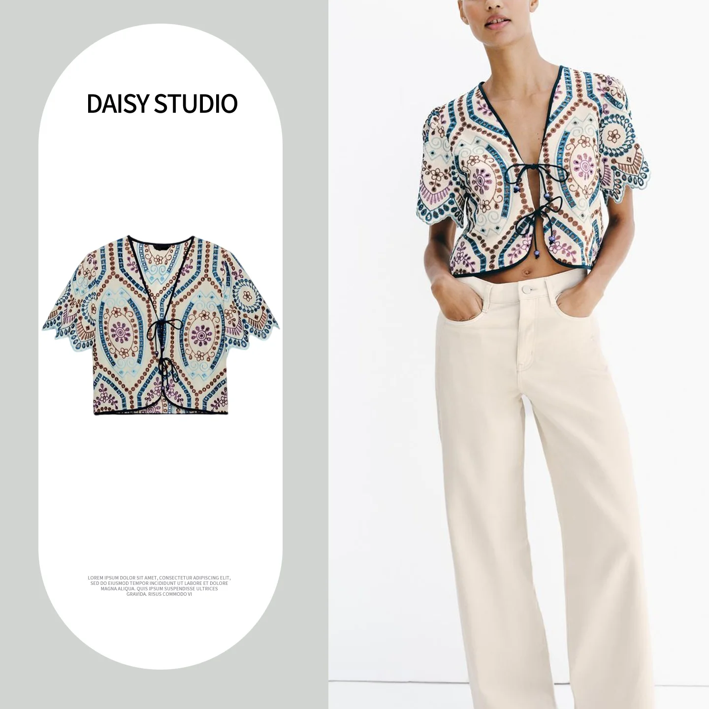 

Women's Summer New Embroidered Hollow out Short Sleeve V-Neck Knot Tie Top Casual Style Polyester Fiber Skin-Friend...