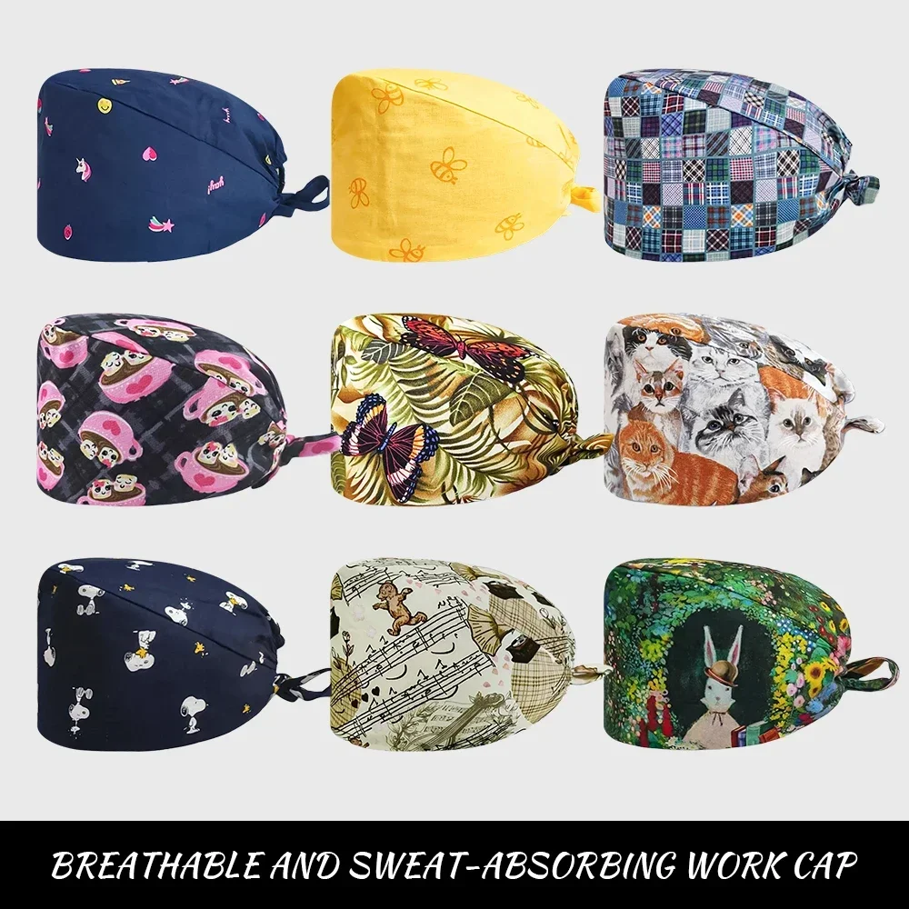 Pet Beauty Hat Scrub Cap Adjustable elastic print Surgical cap Laboratory nurse  Button Medical uniform accessories scrub