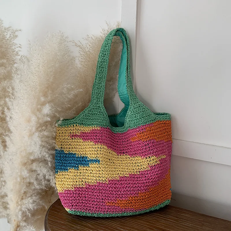 

Женская вместительная сумка из соломки с контрастными цветами, связанная крючком, летняя новинка, модная пляжная сумка через плечо для путешествий и отпуска