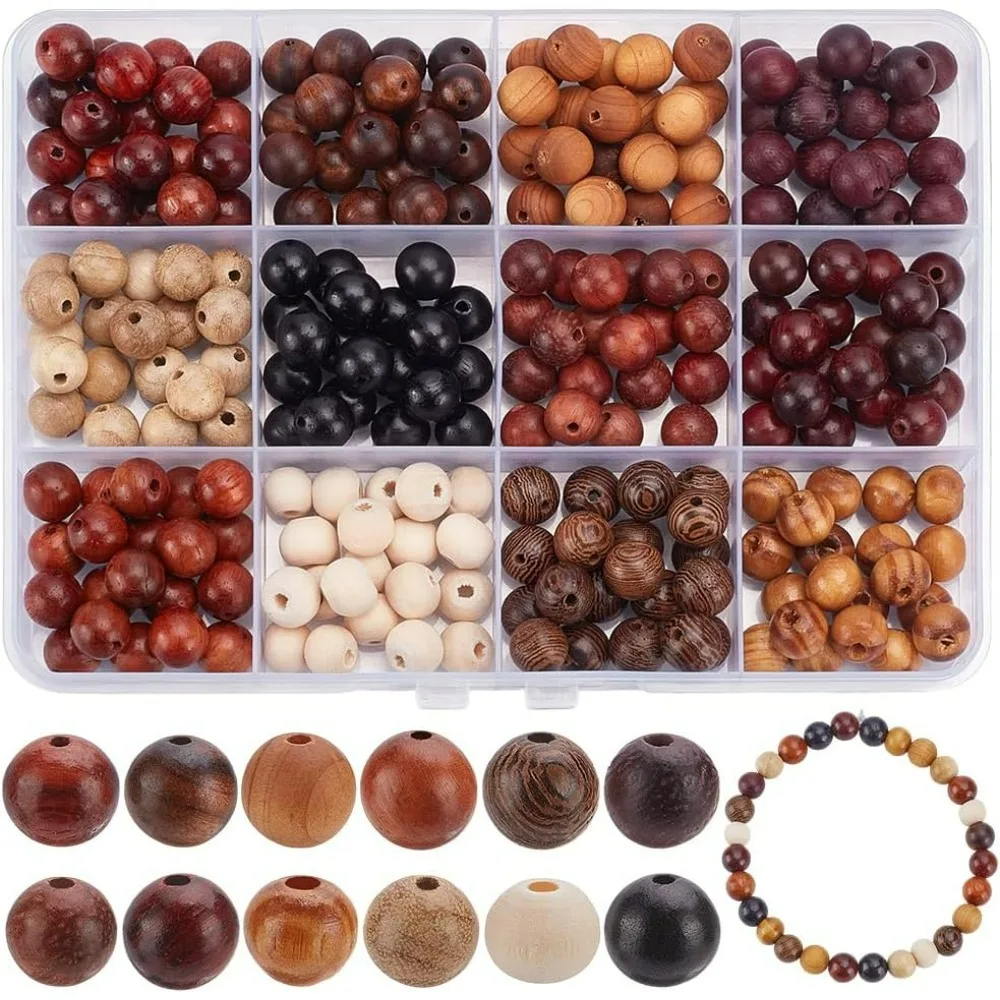 240개 12색 나무 원형 구슬 7.5mm 8mm 원형 나무 광택 스트라이프 루즈 크래프트 비즈 수제 미완성 목재