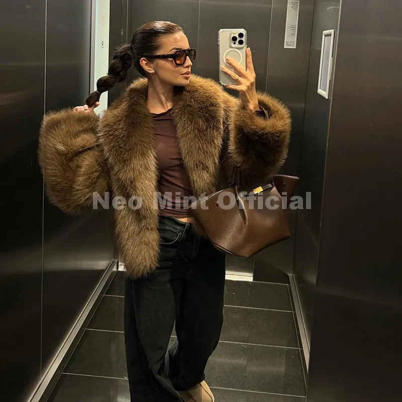 Neo Mint Winter 2025 Trendy Brown Obsession Cropped Shawl Collar Faux Fur Coat Women Jacket Chic Girls Brand Fox Fur Outerwear