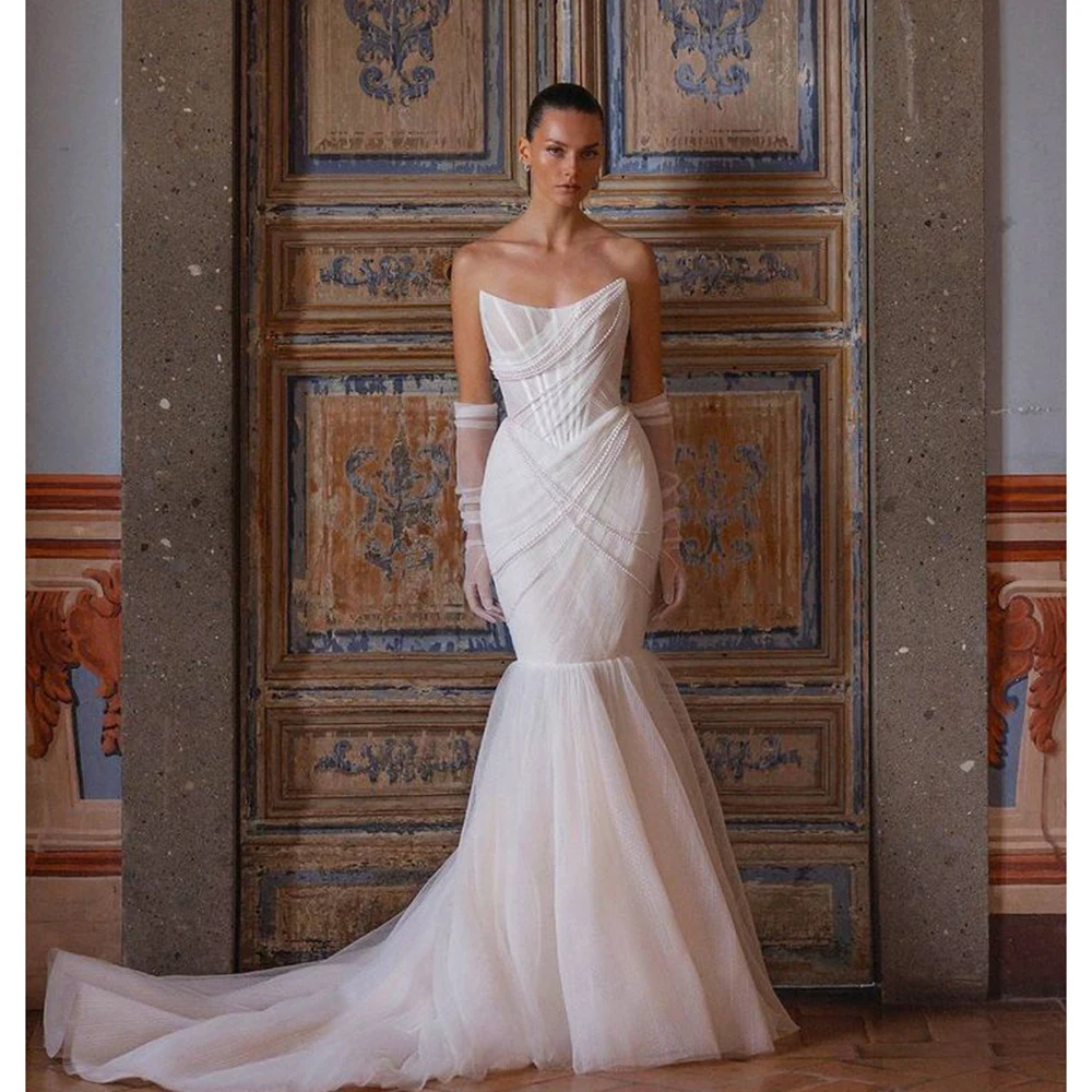 Luxury Mermaid Wedding Dress Strapless Beaded Satin Bridal Gown with Exquisite Pleated Detailing and Sweep Train
