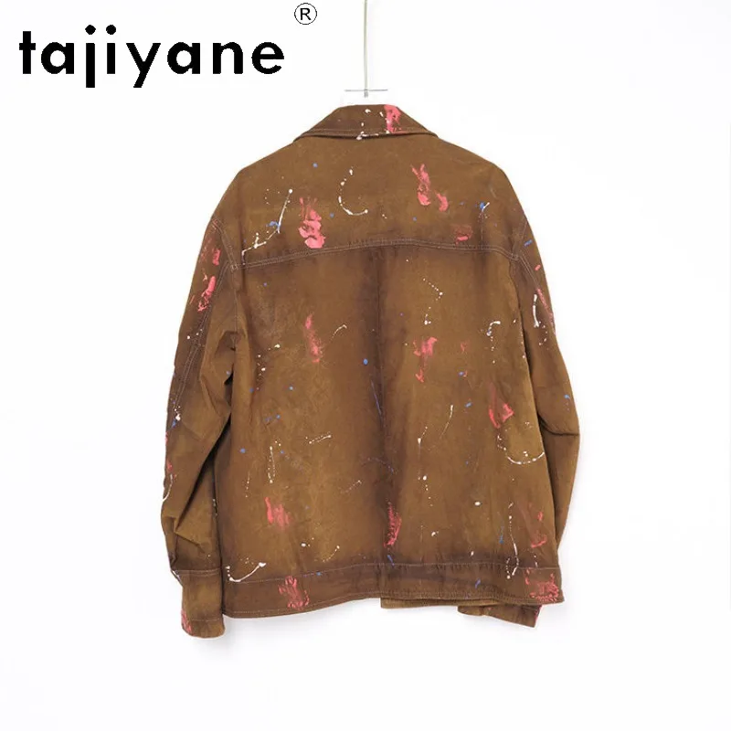 TAJIYANE Genuine Leather Jacket Woman Sheepskin Suede Coats Hand‑spray Printed Craft Cargo Jackets for Woman Outerwear Jaqueta