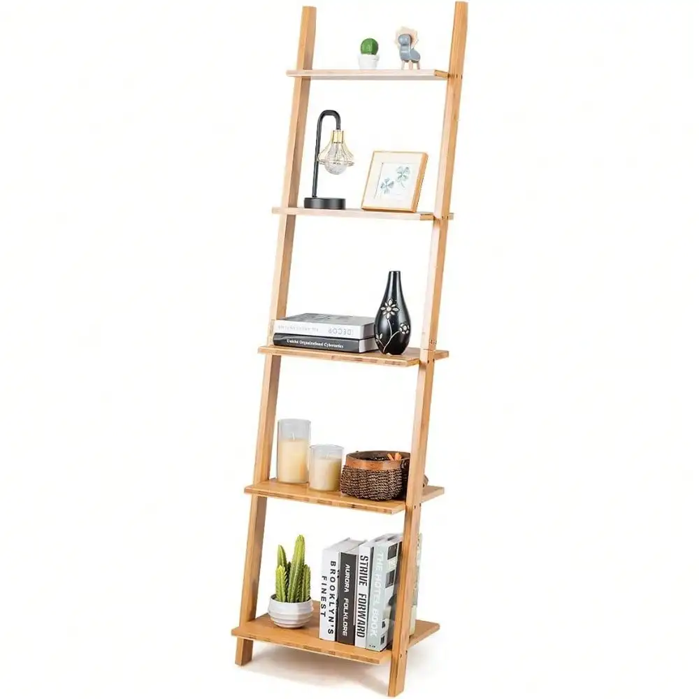 

Бамбуковая 5-ярусная лестничная полка-стеллаж, пристенная книжная полка, подставка для растений и цветов, полки для хранения и демонстрации для гостиной и ванной комнаты