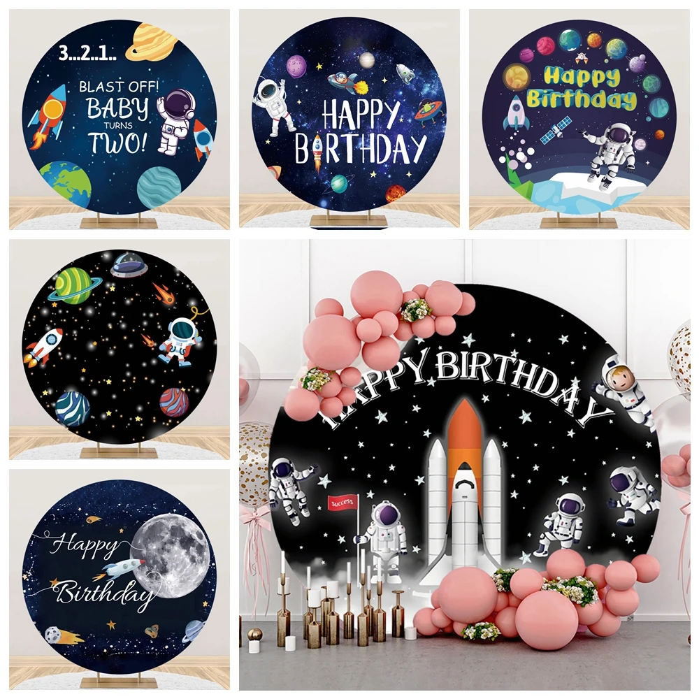 

Outer Space Round Backdrop Cover Astronaut Universe Planet Spacecraft Rocket Boy Birthday Party Photography Background Decor