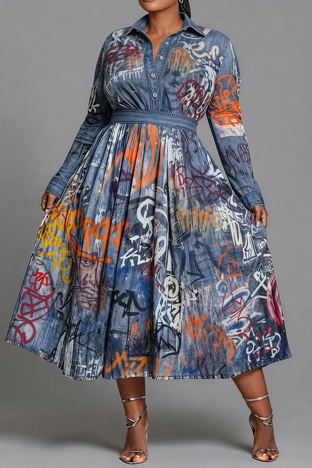 Plus Size Business Casual Blue All Over Print Wrap Neck Long Sleeve Pocket Casual Denim Midi Dresses