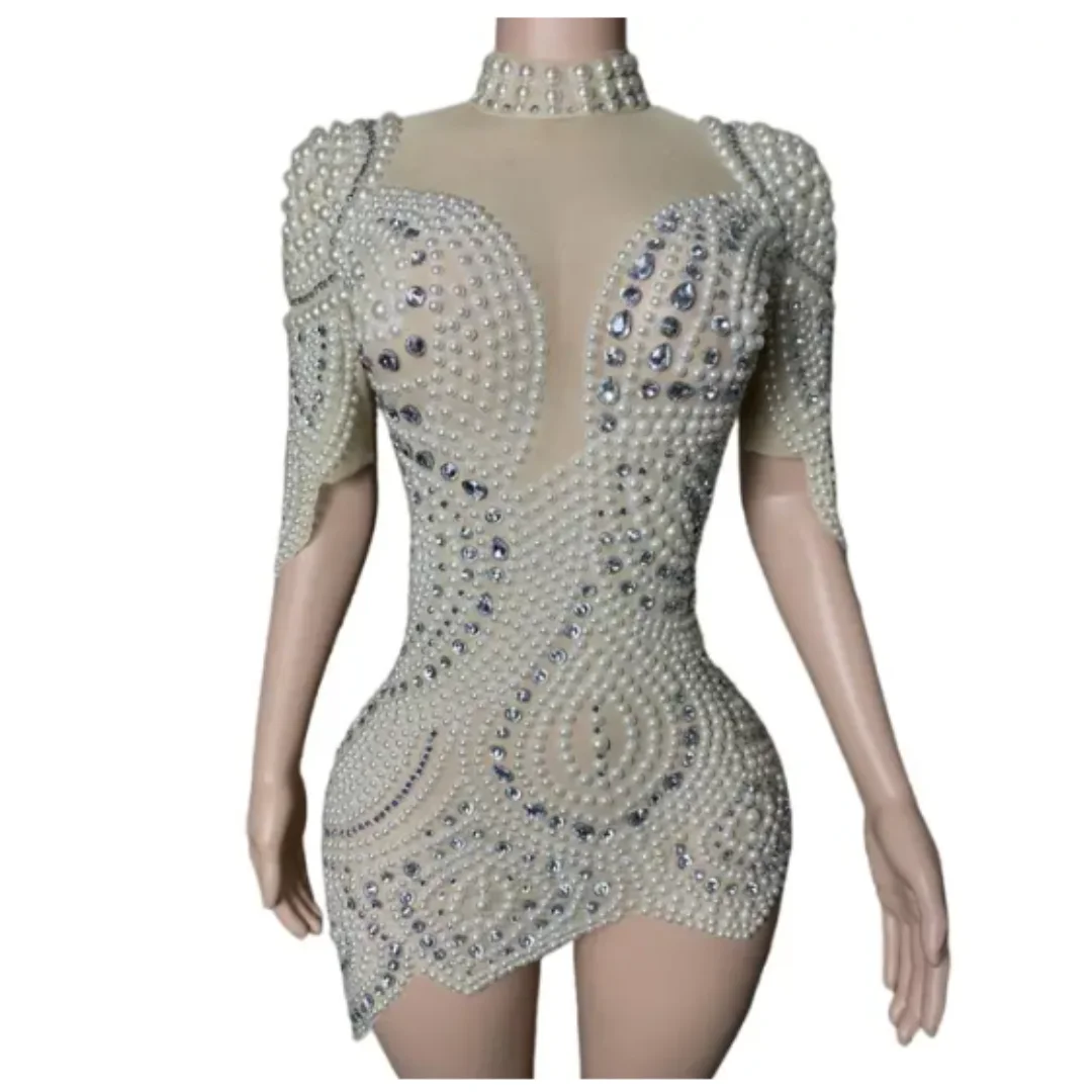 

Fashion White Pearls Crystal Short Dress Women Birthday Party Evening Gown Sexy Mesh Nightclub Performance Drag Queen Stage Wear