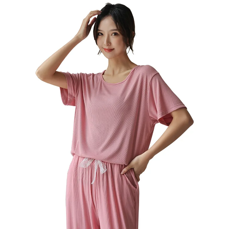 Modal Pajamas Women's Summer Short Sleeve Three Quarter Pants Home Suit Lace Spring Girls' Thin Round Neck Cropped Trousers