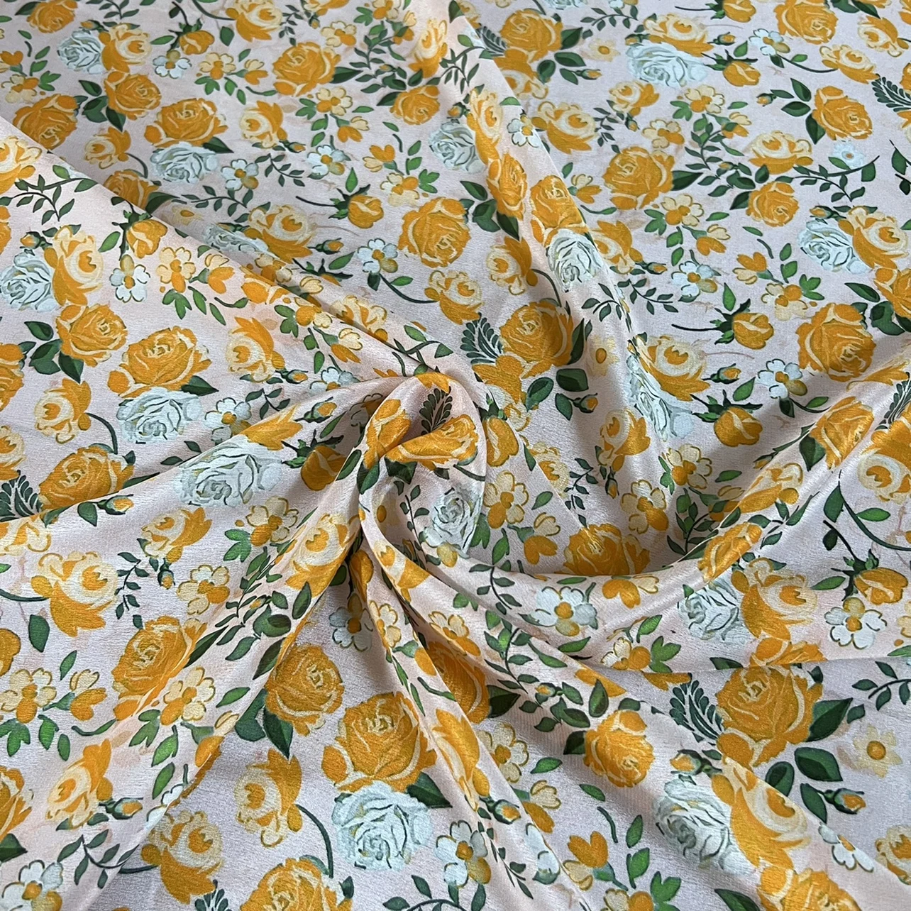 1 meter 100% Mulberry Silk 15 momme Crepe Silk Fabric Yellow Floral Printed 138cm 54