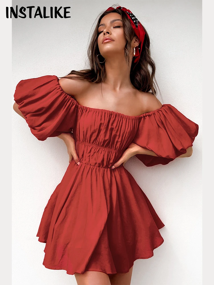 

InstaLike-Sexy Puff Sleeve Corset Dress for Women, Elegant A Line Party Dresses, Red Ruffles, Luxury Holiday, Birthday, Summer