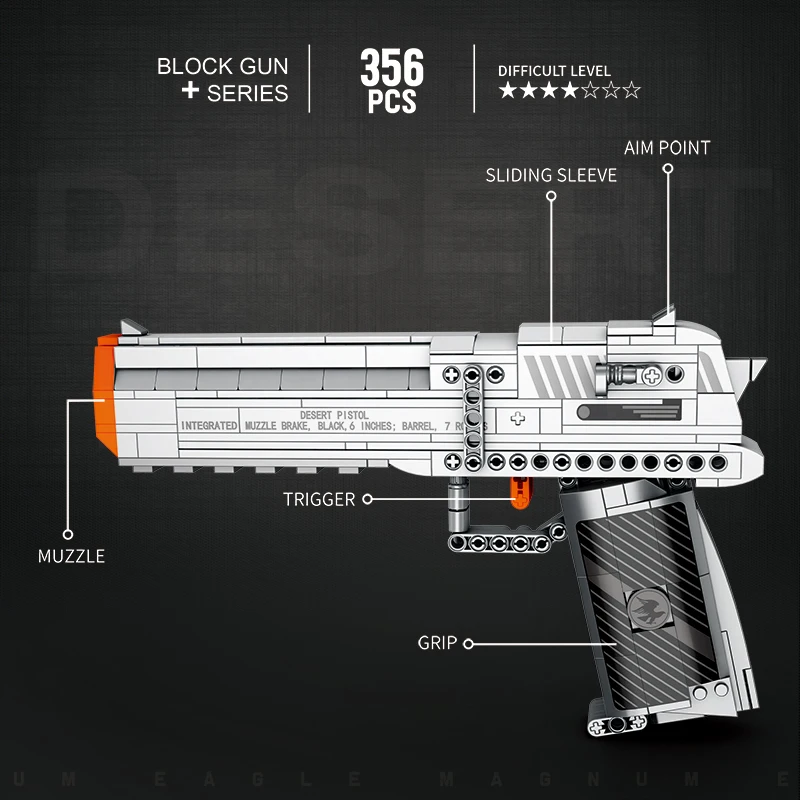 Blocos de Montar Desert Eagle Pistol 356PCS para Amigo, Modelo de Arma que Dispara, Brinquedos da Série Militar, Presente de Aniversário