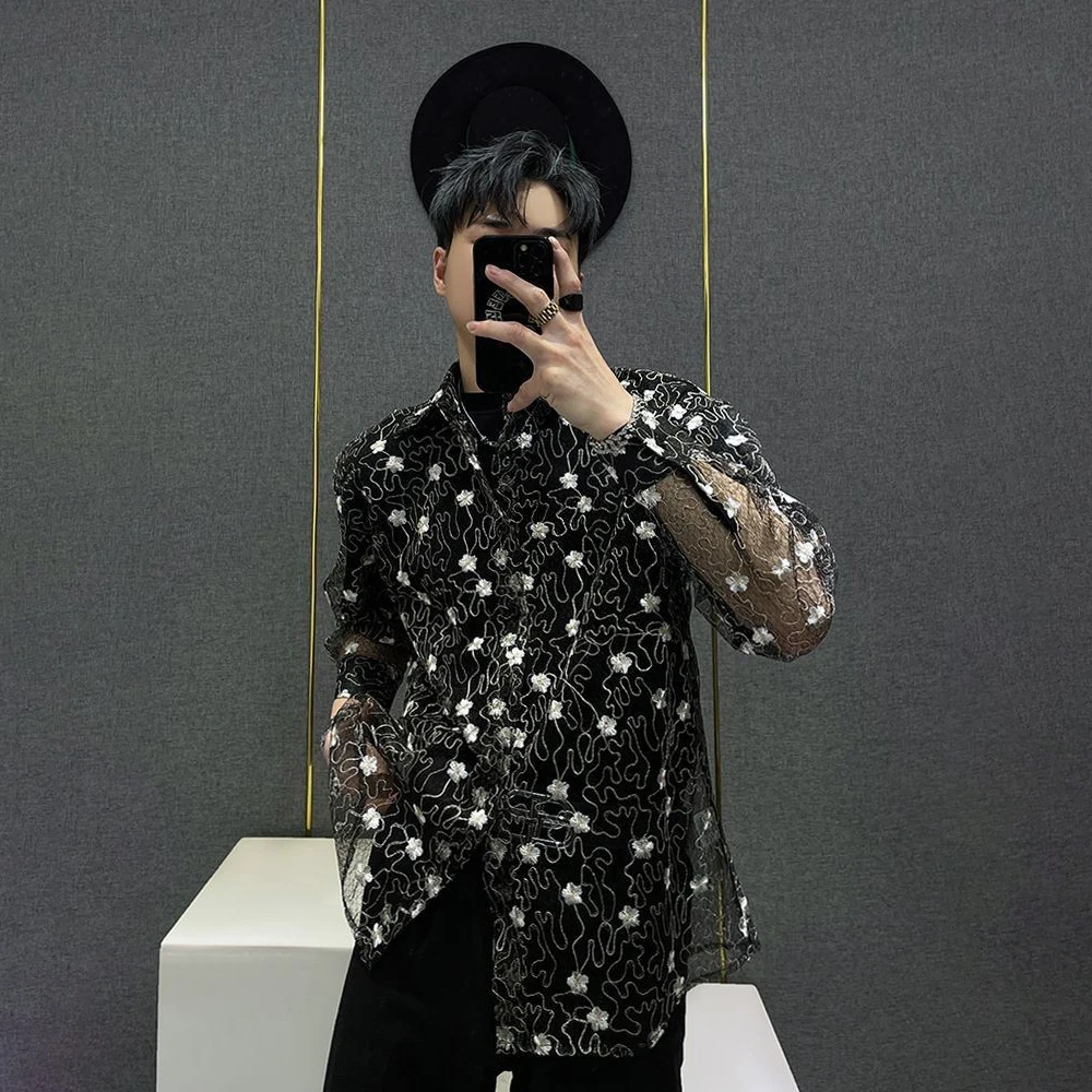 Mens Shirt Flower Mesh See-Through Thin Shirt Summer Nightclub Ballroom Fashion Personality Niche Top Men'S Clothing 2025 New