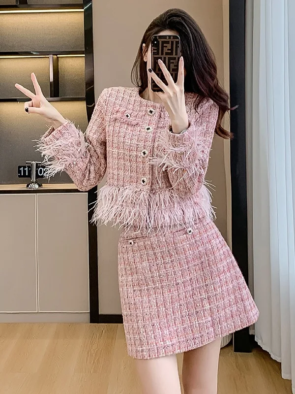 

Женское твидовое пальто с кисточками и перьями + облегающая юбка с высокой талией, комплект из 2 предметов, новый весенне-осенний небольшой комплект в ароматном стиле