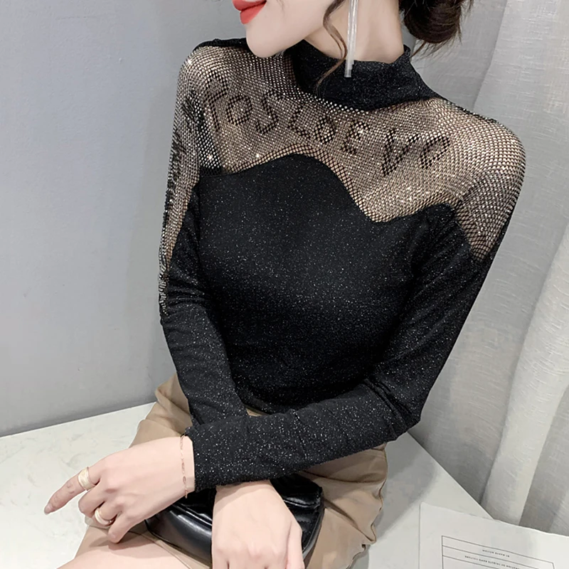 

Sexy Hollow out Me T-irt Women's Faionable Diamond Embellied Tight Fit Base irt Long Sve Autumn Winter Commute S...